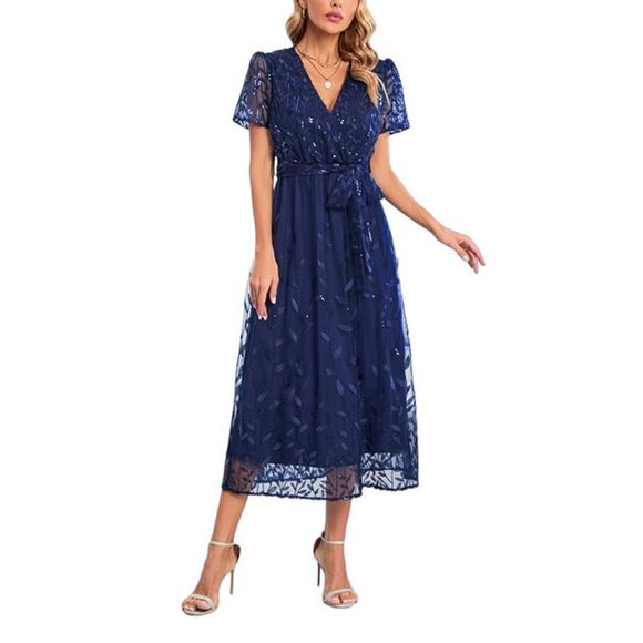 C.CLINE Navy Blue Floral Embroidered Midi Surplice Dress Size 2XL - Picture 2 of 6